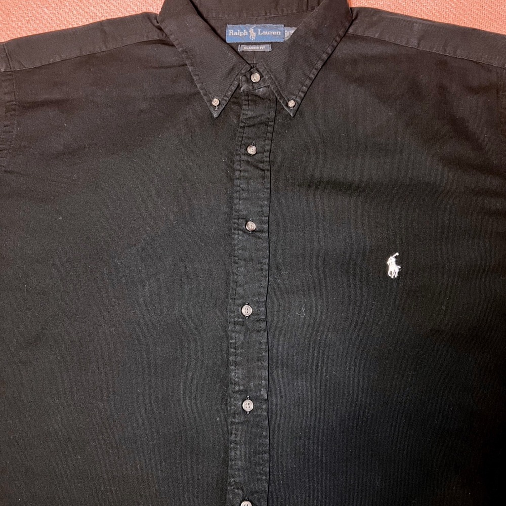 Ralph Lauren Mens 3XLT Black Short Sleeve Rib Knit Button Down Classic Fit Shirt